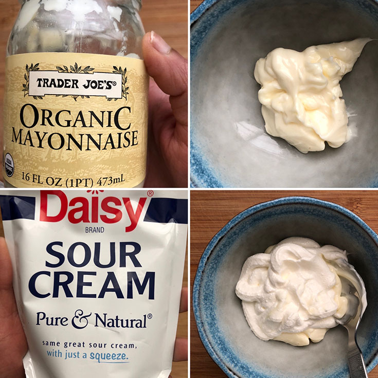 Mayonnaise and sour cream mixed in a blue bowl