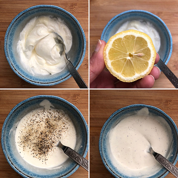 Blue bowl with mayo, sour cream, lemon juice, salt and pepper