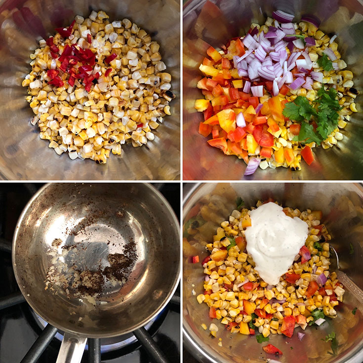 Grilled corn kernels mixed with jalapeno, red onion, peppers, garlic, chili powder and dressing