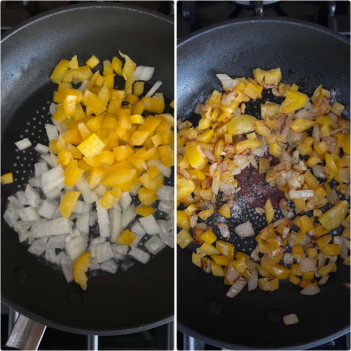 2 panel photo showing the sautéing of veggies.