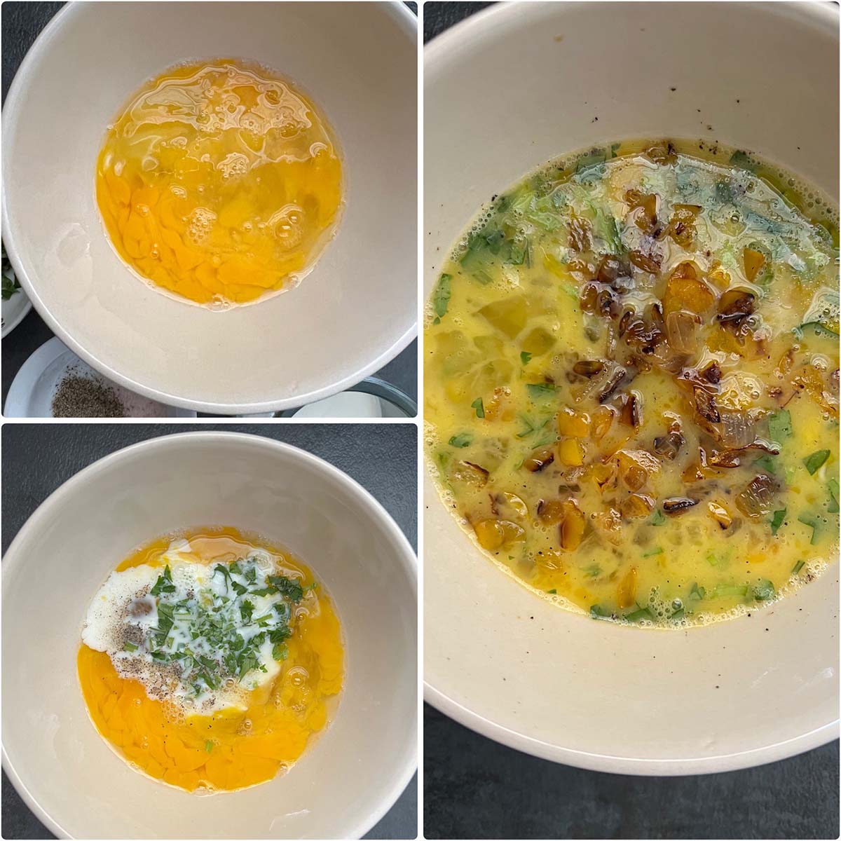 3 panel photo showing the mixing of eggs with milk and veggies.