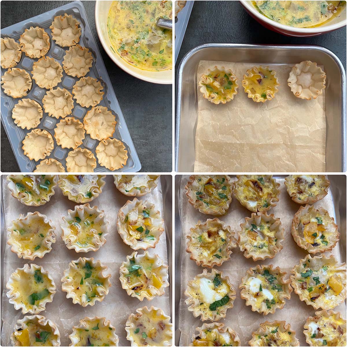 4 panel photo showing the filling of phyllo pastry and baked quiche.