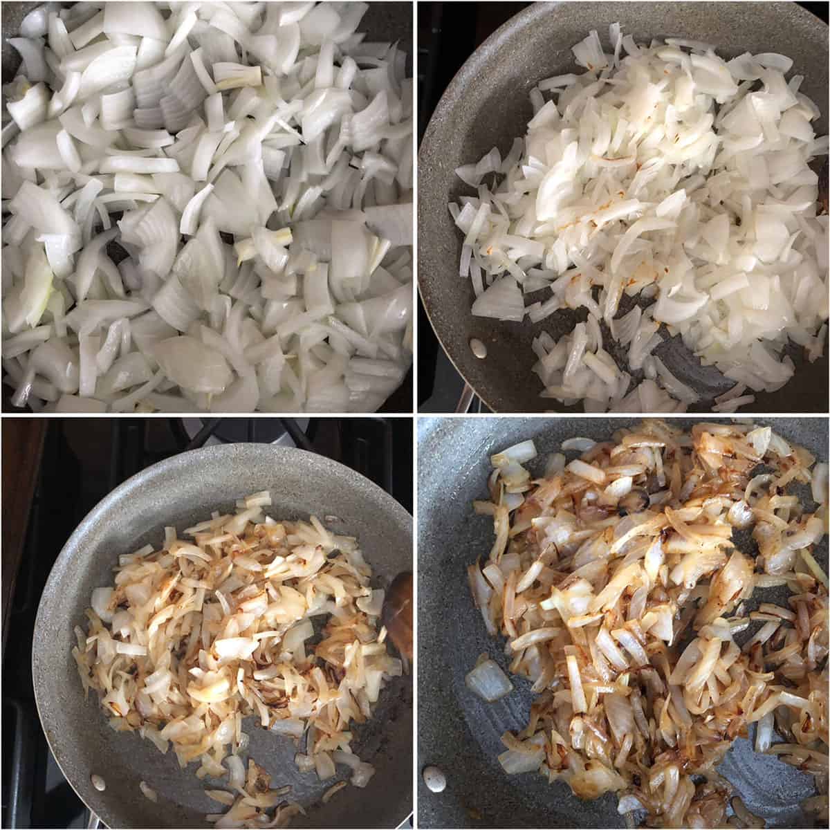 Step by step photos showing caramelizing onions until golden