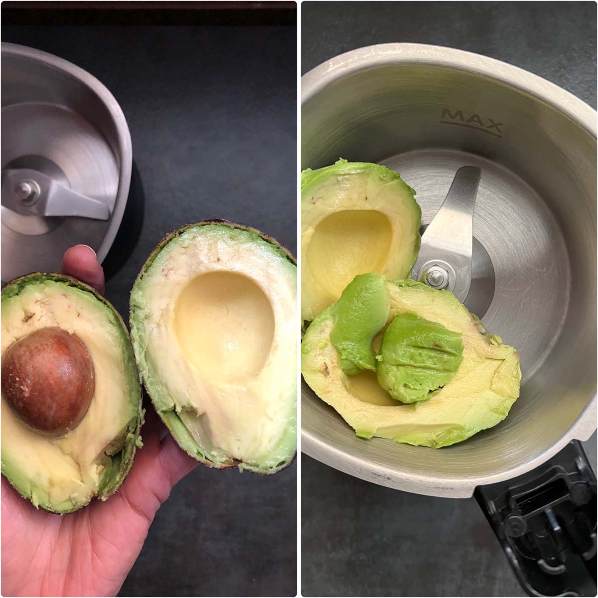 2 panel photo showing cut avocado added to a blender.