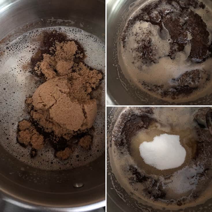 step by step photos with addition of brown and granulated sugar to brown butter