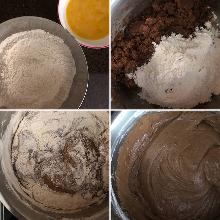 step by step photos showing the addition of flour and eggs to the butter-sugar mixture