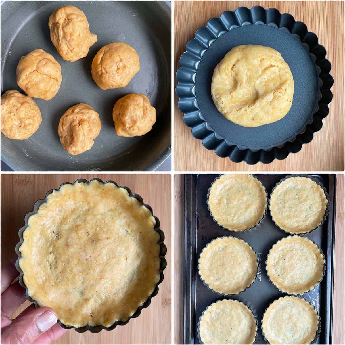 Step by step photos showing the filling the tart shells