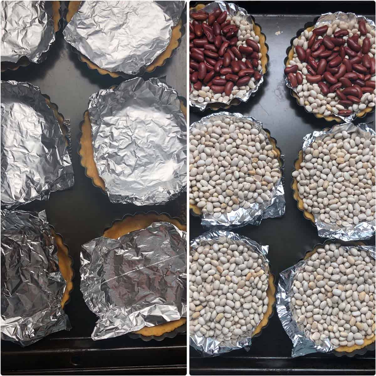 Side by side photos showing the blind baking of shells