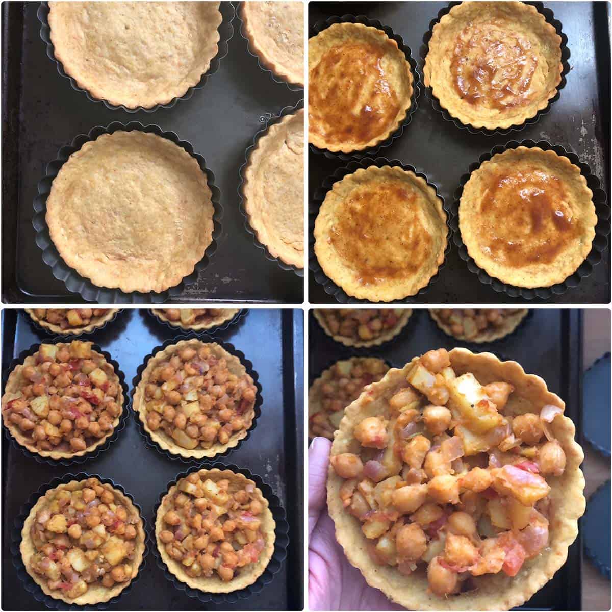 Filling of the tart shells with aloo chana chaat