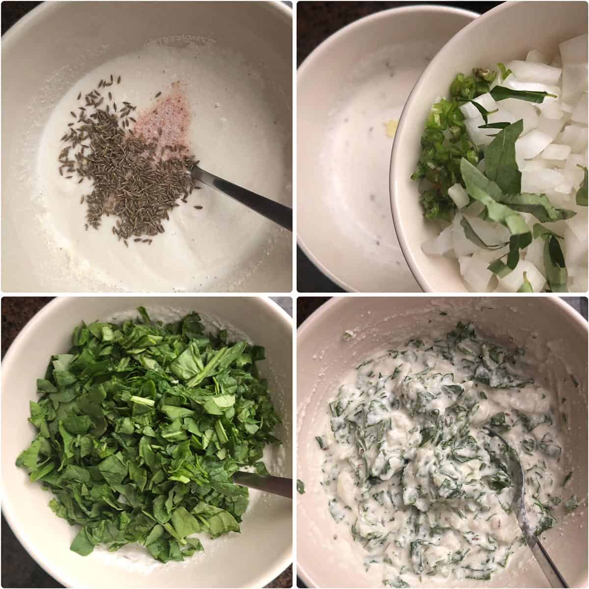 adding spinach, onions and other ingredients to idli batter