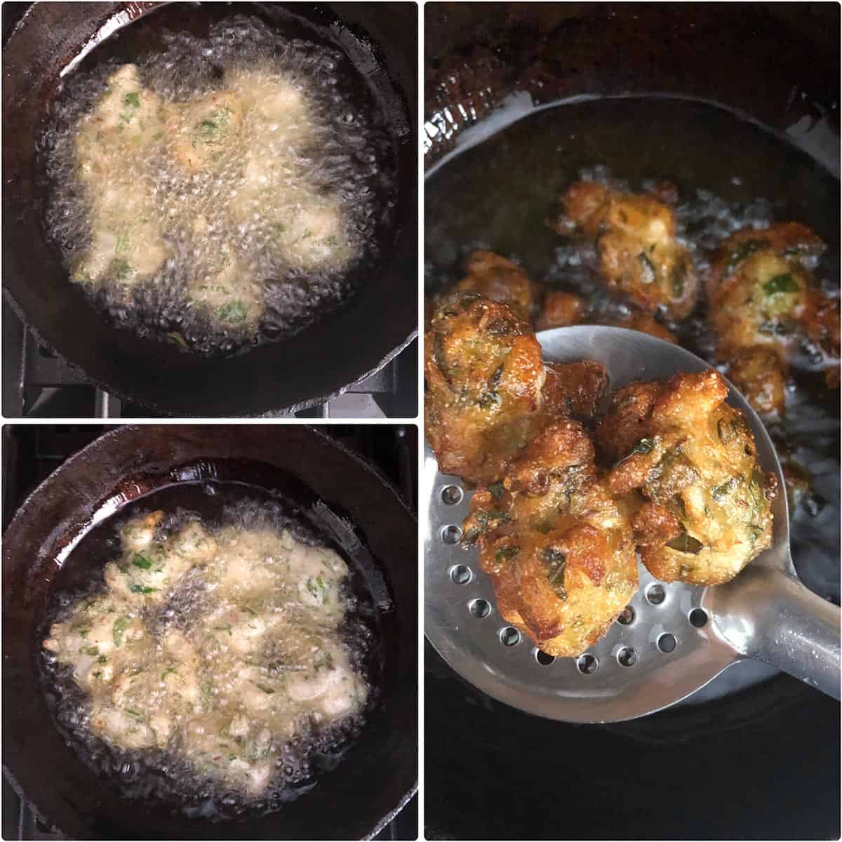 deep frying spinach fritters until golden