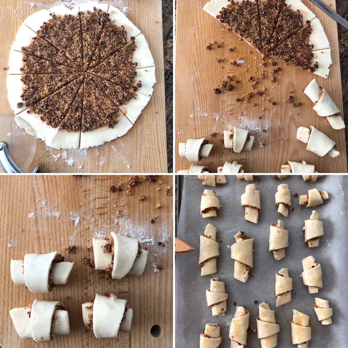 Step by step photos showing the shaping of rugelach