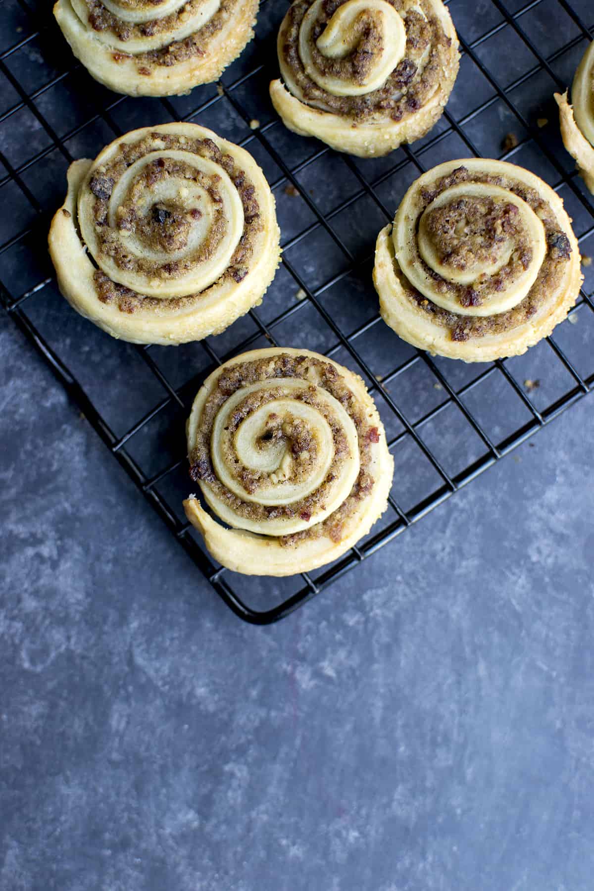 Wire rack topped with rugelach pinwheels