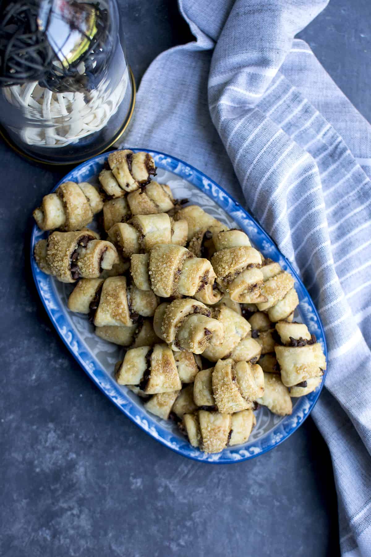 Blue printed tray with baked rugelach