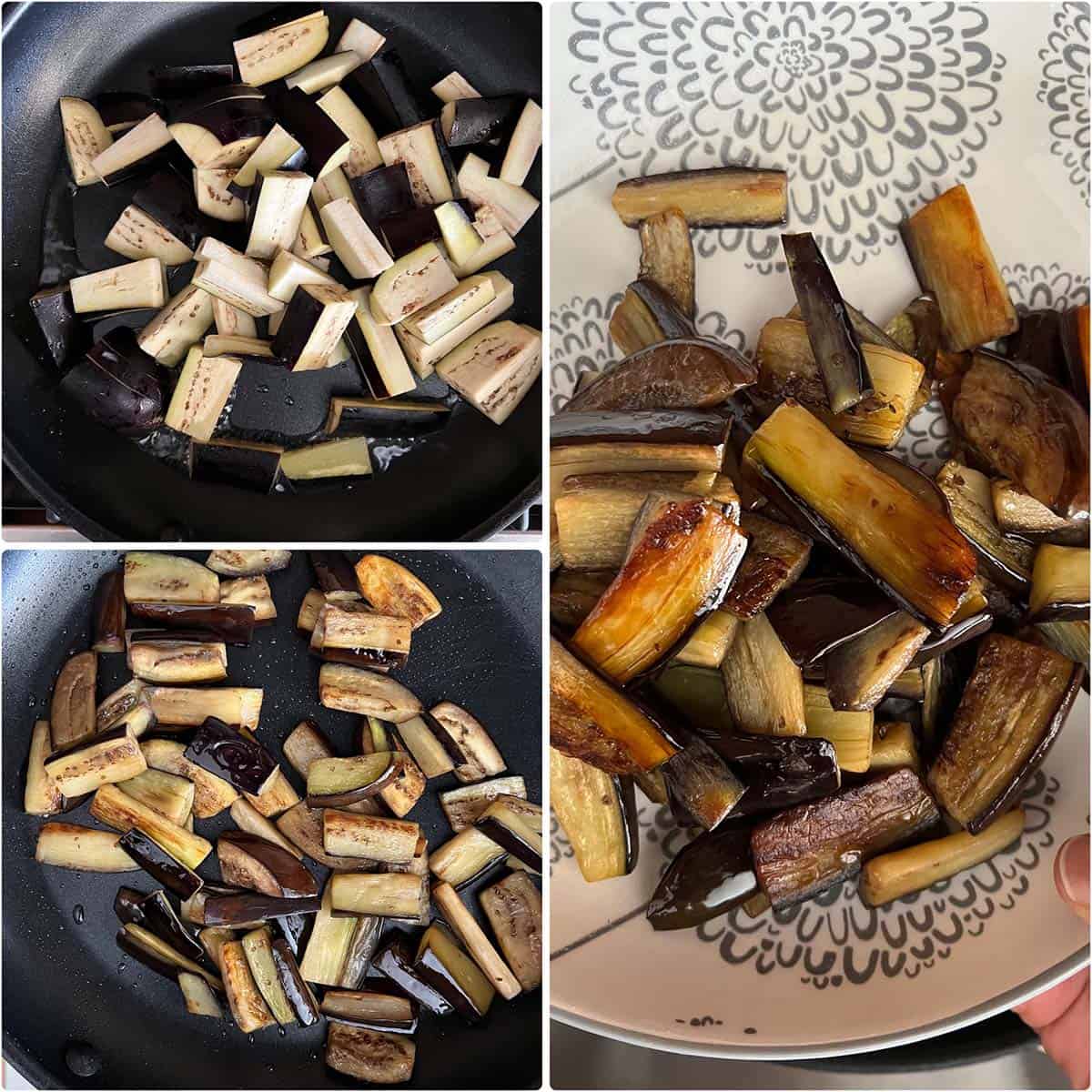 3 panel photo showing the cooking of eggplant.