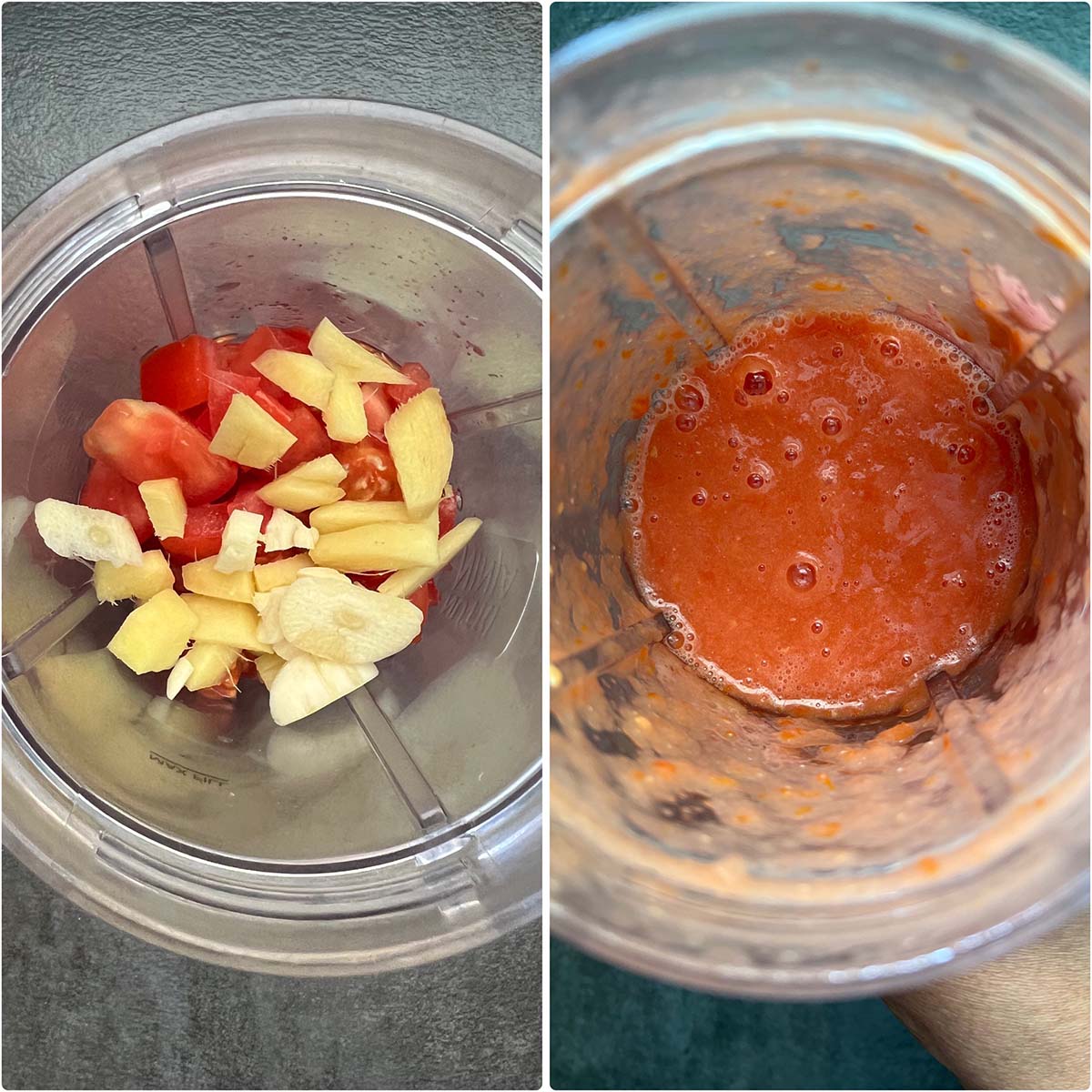 2 panel photo showing the blending of tomatoes, ginger and garlic.