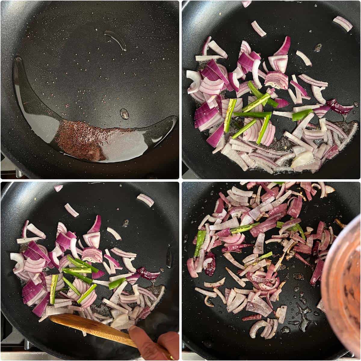 4 panel photo showing the cooking of onions in a pan.