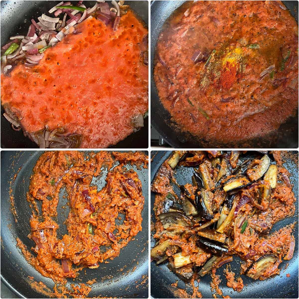 4 panel photo showing the cooking of tomatoes and eggplant.