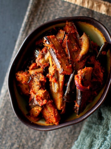 Top view of a bowl with eggplant pickle.