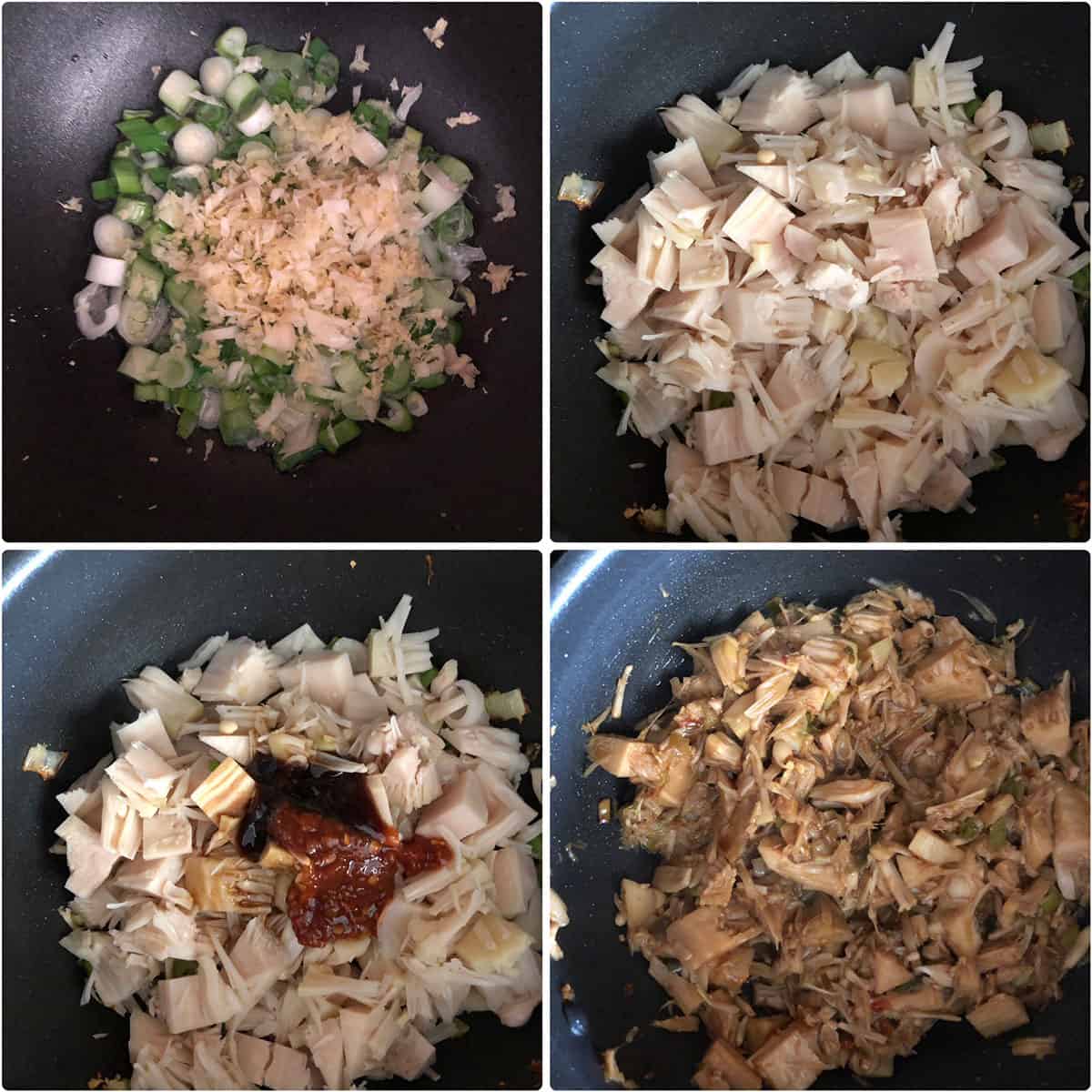 Green onions, ginger, garlic sautéed in oil and cooked with shredded jackfruit and sauces 