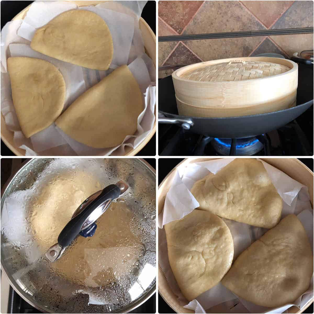 Steaming the buns in bamboo steamer