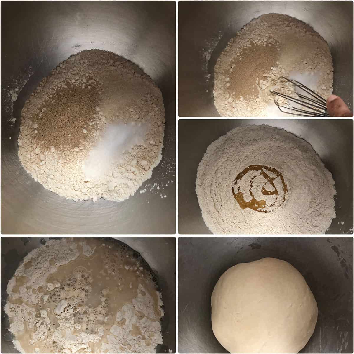 Step by step photos of dry ingredients added to a bowl and mixed with water and oil until smooth dough forms