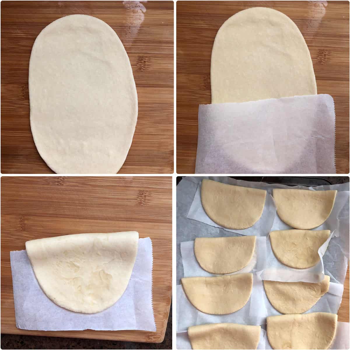 Shaping the bao buns by rolling them into ovals and folding them half with a parchment paper in the middle