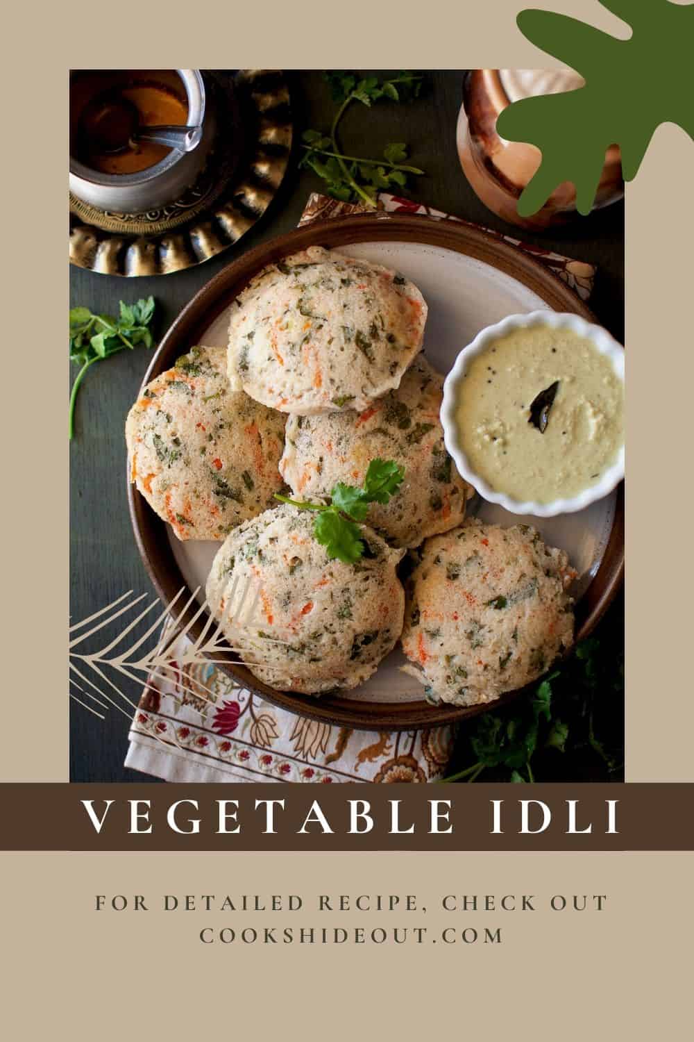 Top view of a brown plate with veggie idli.