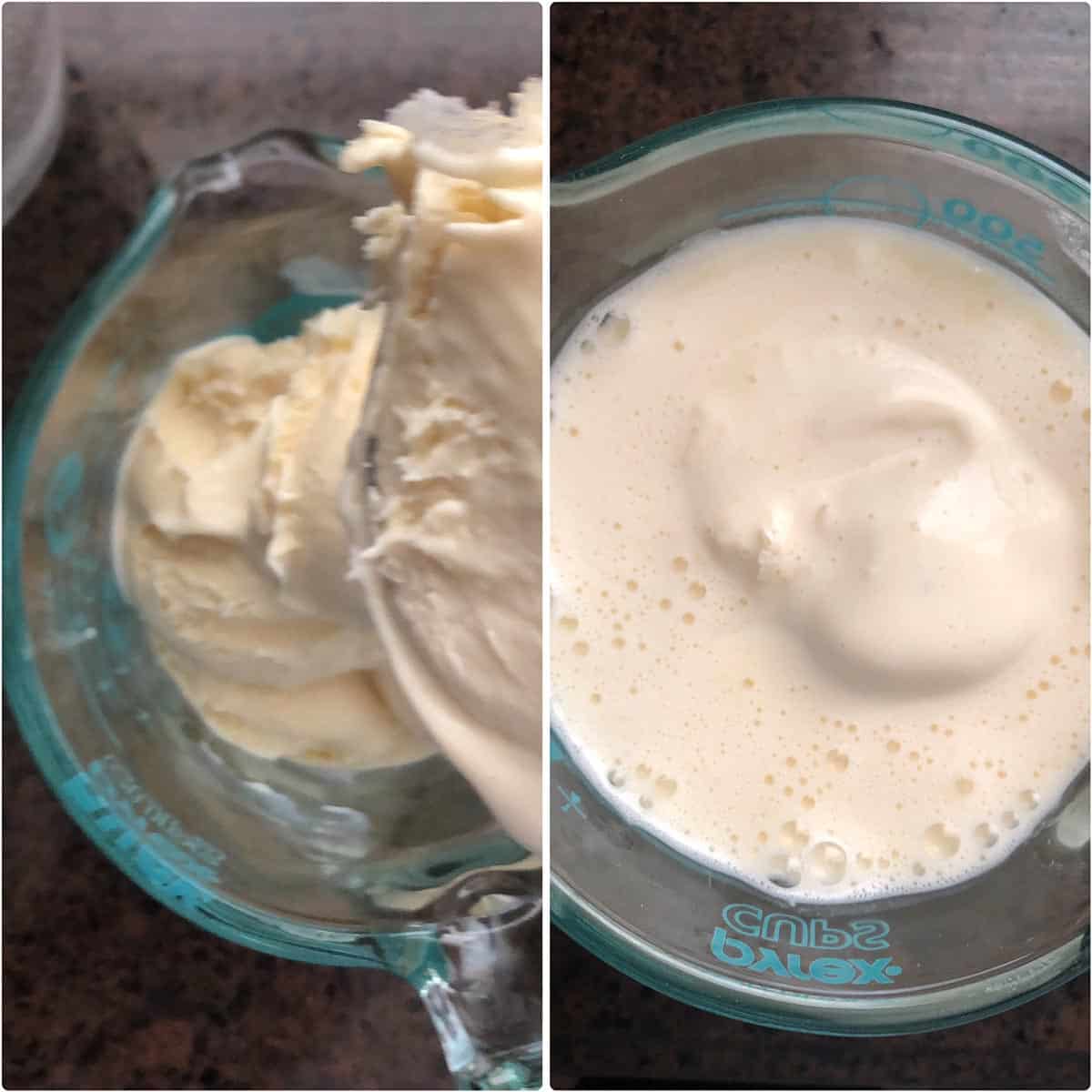 Side by side photos of melted ice cream