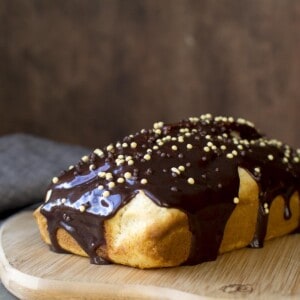 Sprinkles and chocolate ganache topped ice cream bread