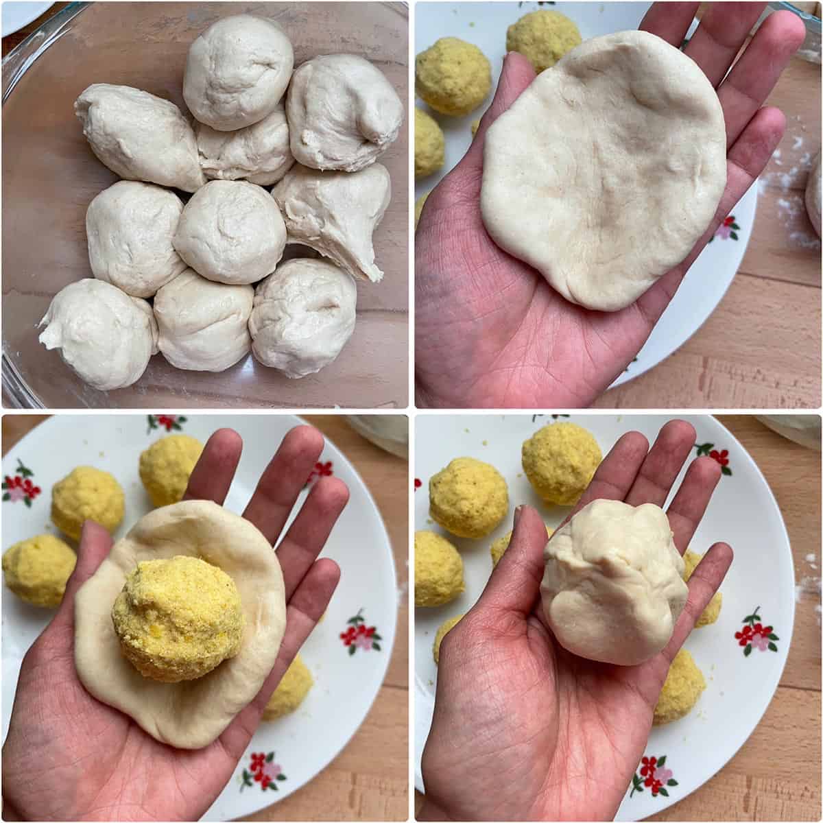 Step by step photos showing the stuffing of dal puri