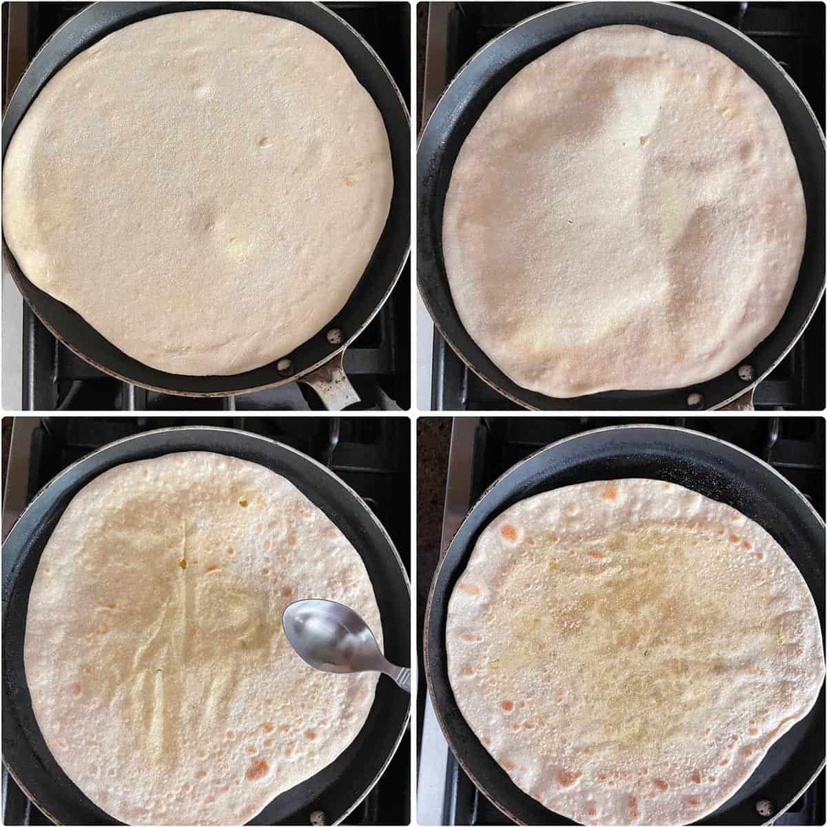 side by side photos showing the cooking of flatbread on griddle