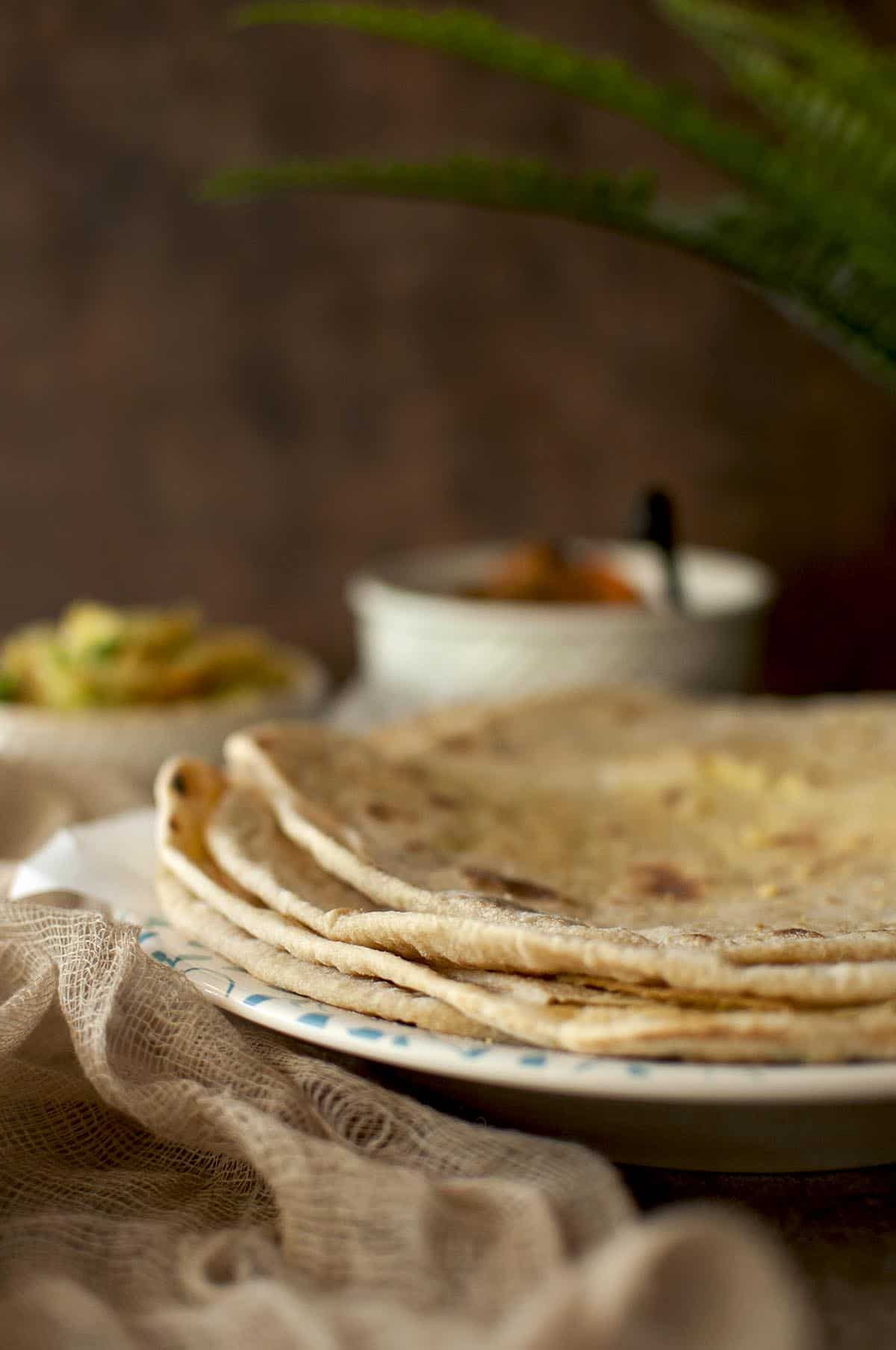 white plate with a stack of Mauritian dholl puri