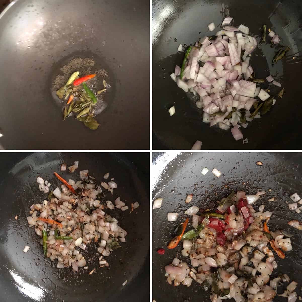 Step by step photos showing the cooking of onions