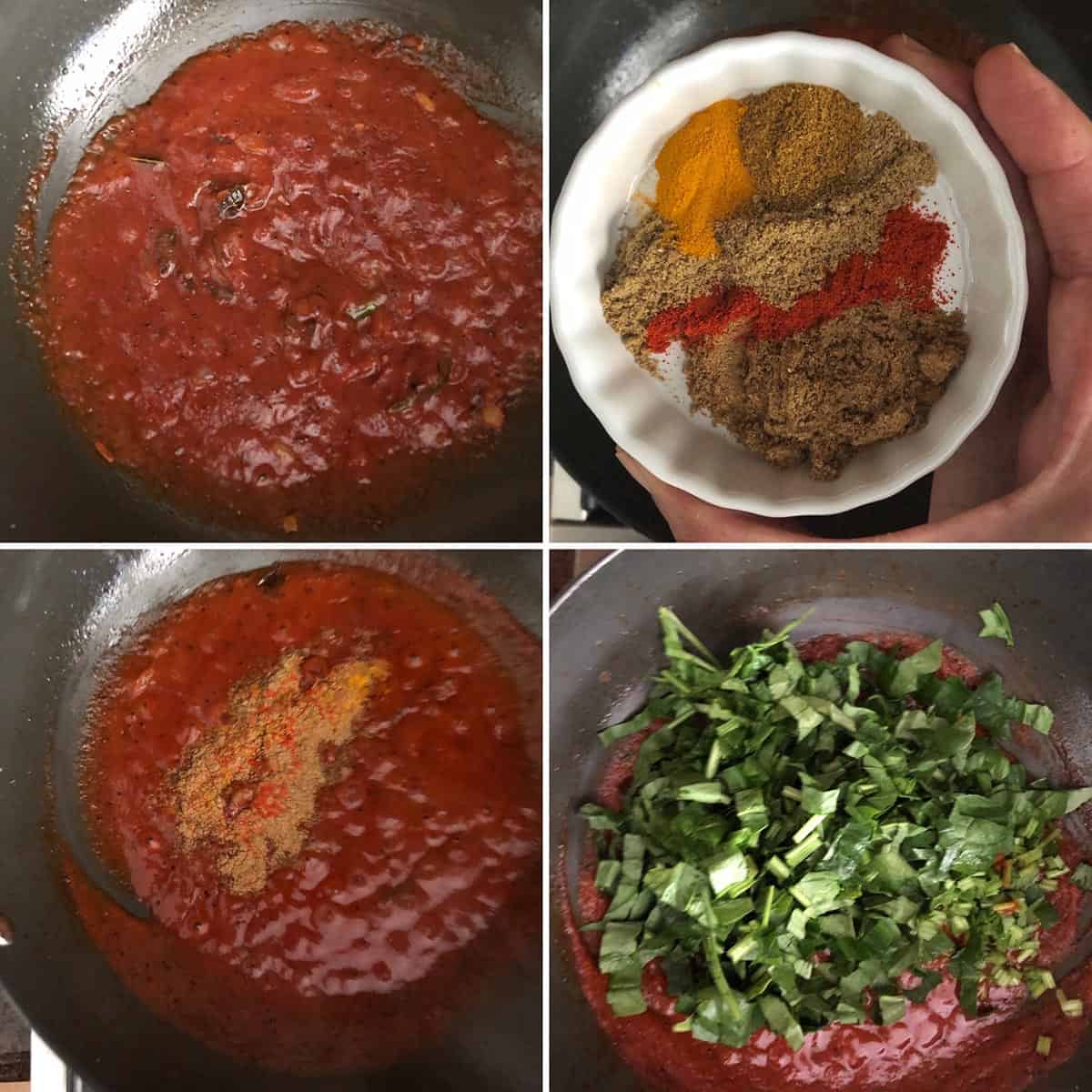 Adding tomato puree, spices and spinach