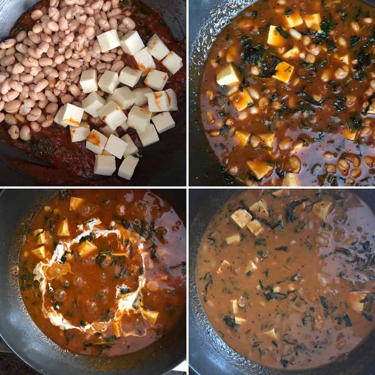 Adding beans, paneer and cream to the curry