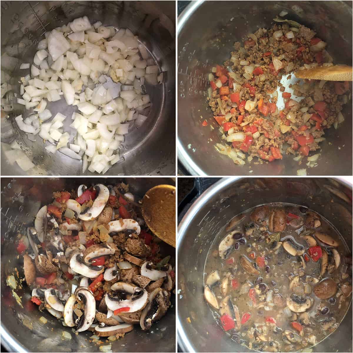 Sautéed onions with garlic, peppers, soy crumbles, mushrooms and simmered in broth