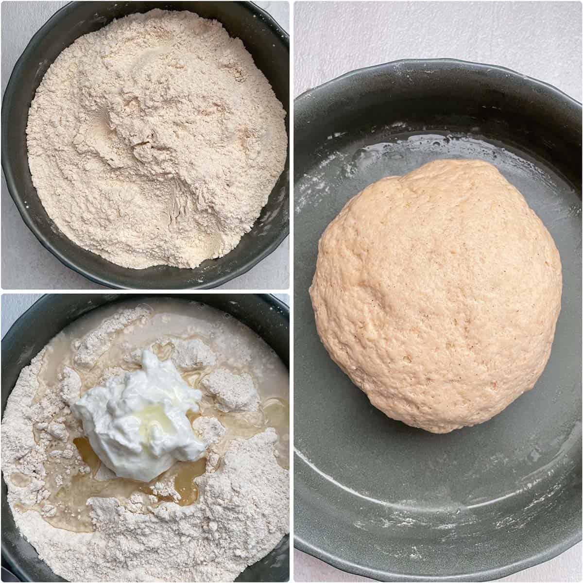 3 panel photo showing the mixing of dry and wet ingredients to make the dough.