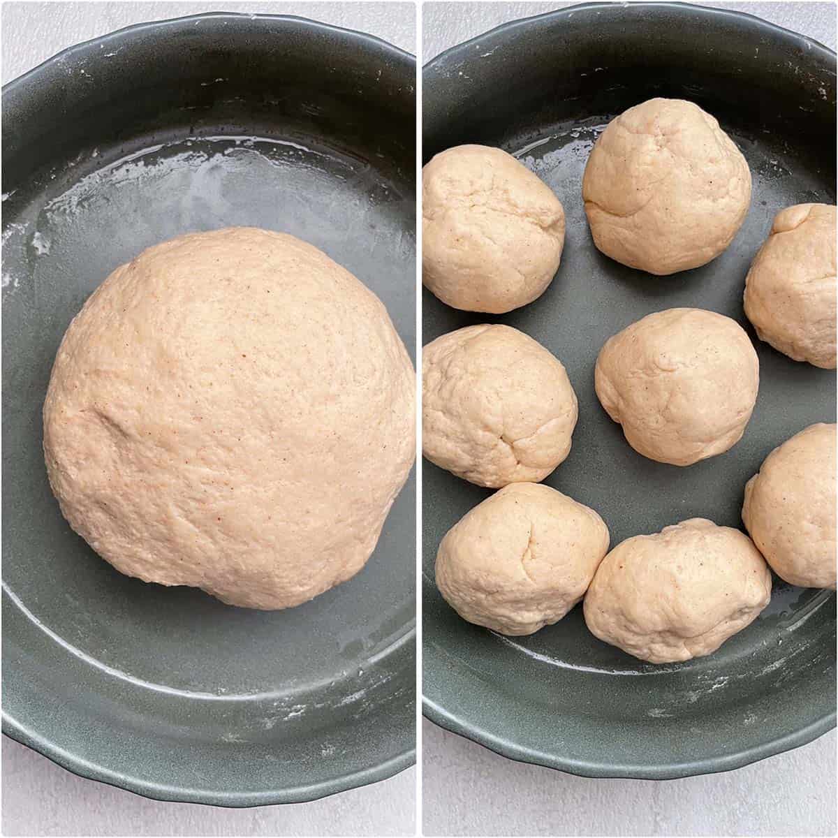 2 panel photo showing the rested dough divided into 8 pieces.