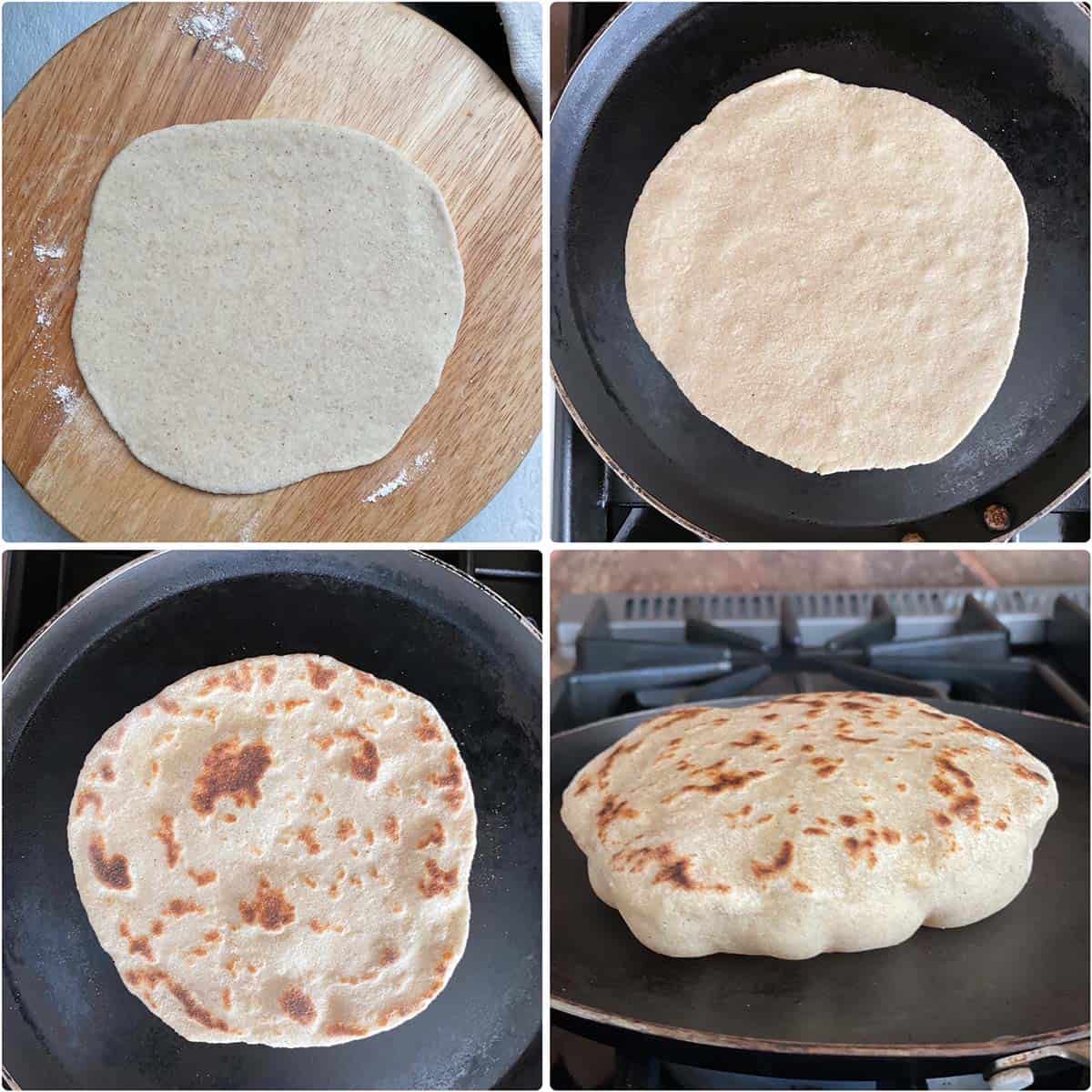 4 panel photo showing the rolling of the dough and cooking the naan on a griddle.