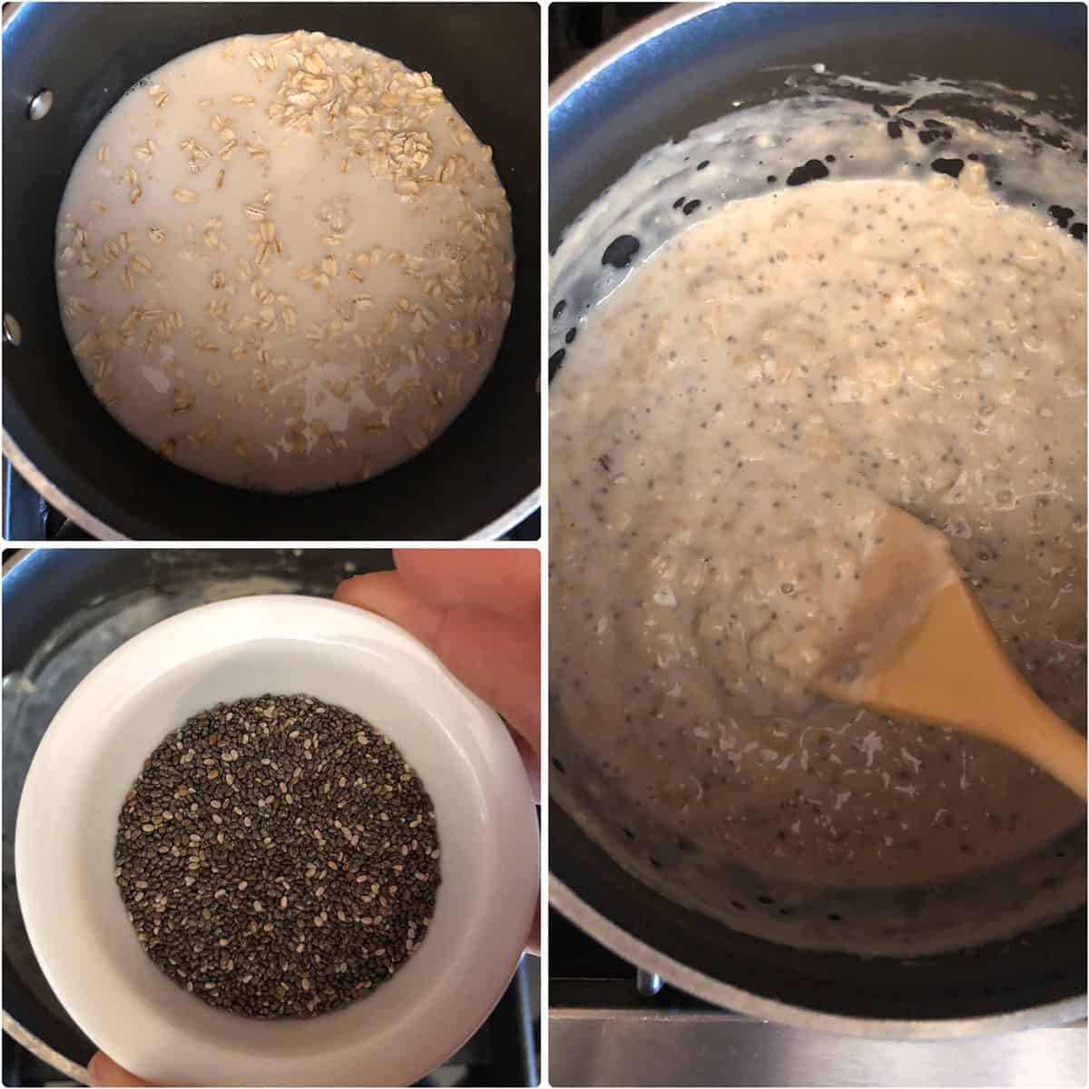 Oats being cooked with milk and chia seeds in a sauce pan.