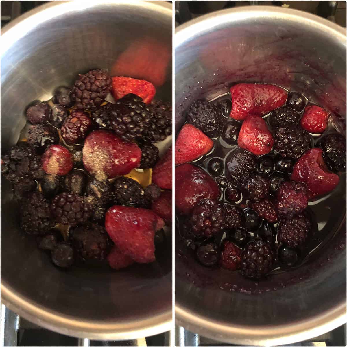 Berries being cooked in a saucepan until soft