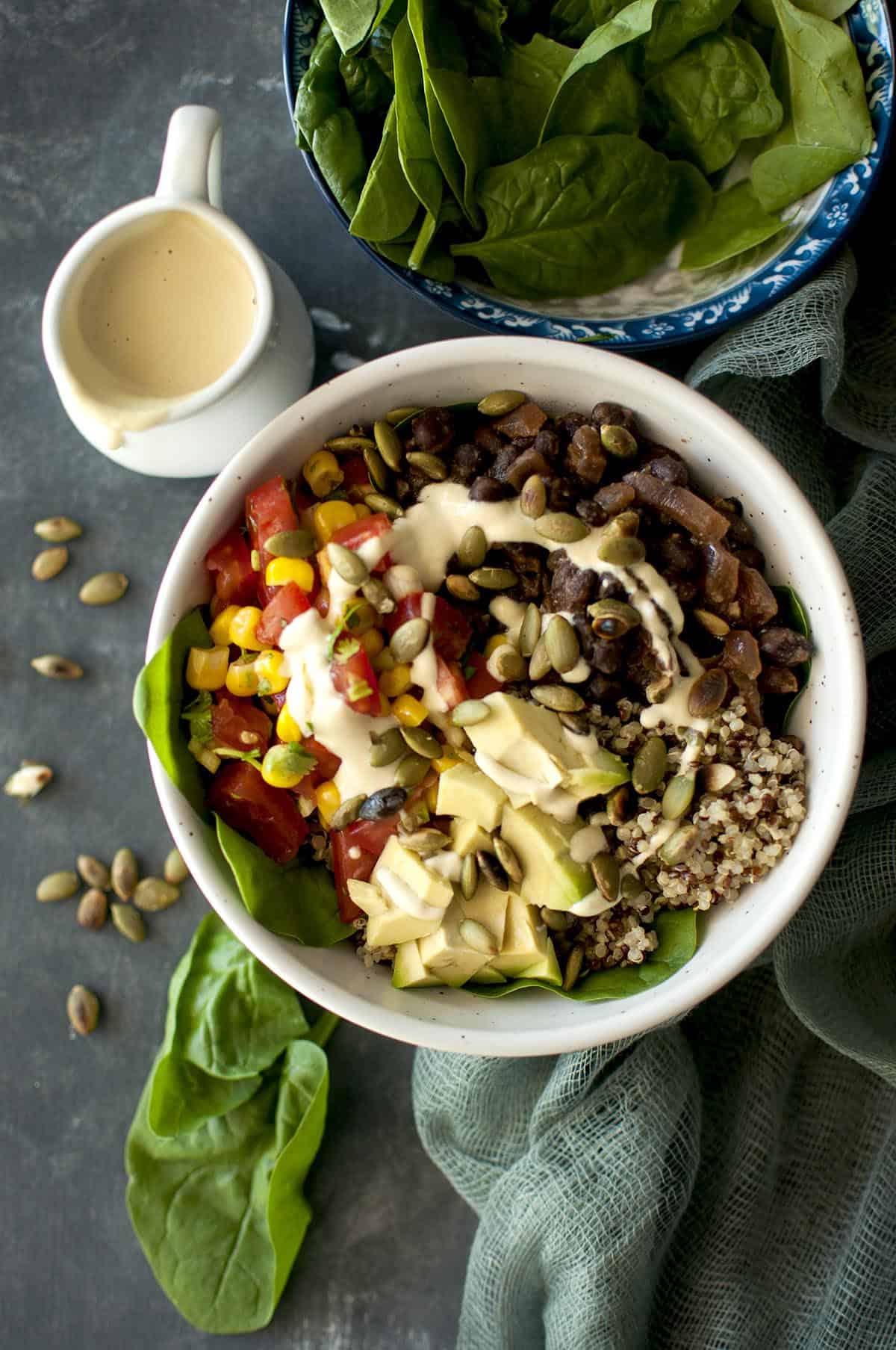 White bowl with Vegan Mexican quinoa bowl