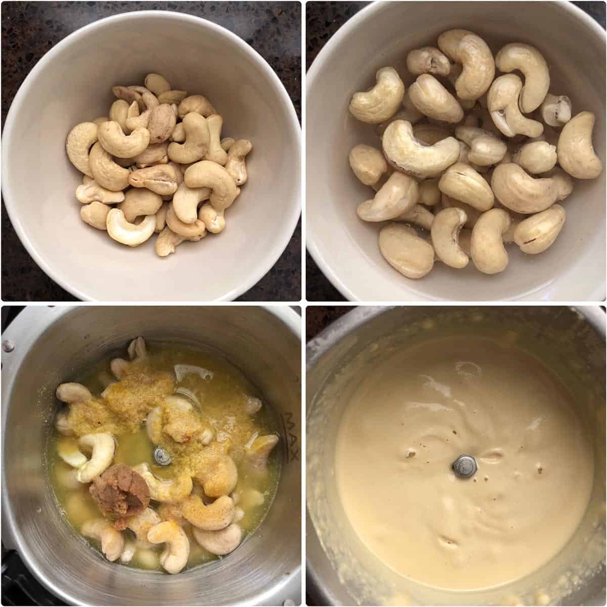 white bowl with soaked cashews then ground to a sauce