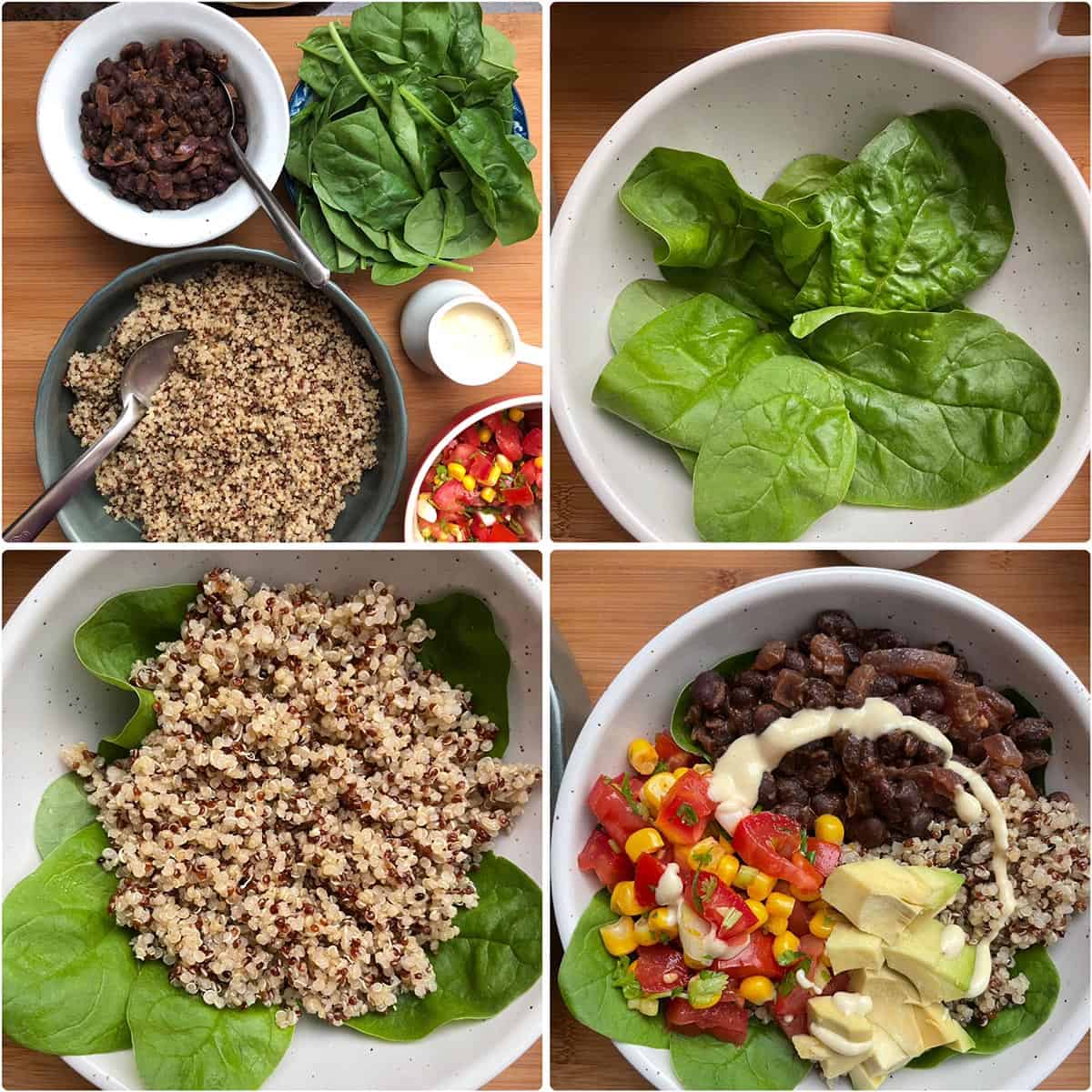 Assembling the vegan Mexican quinoa bowl