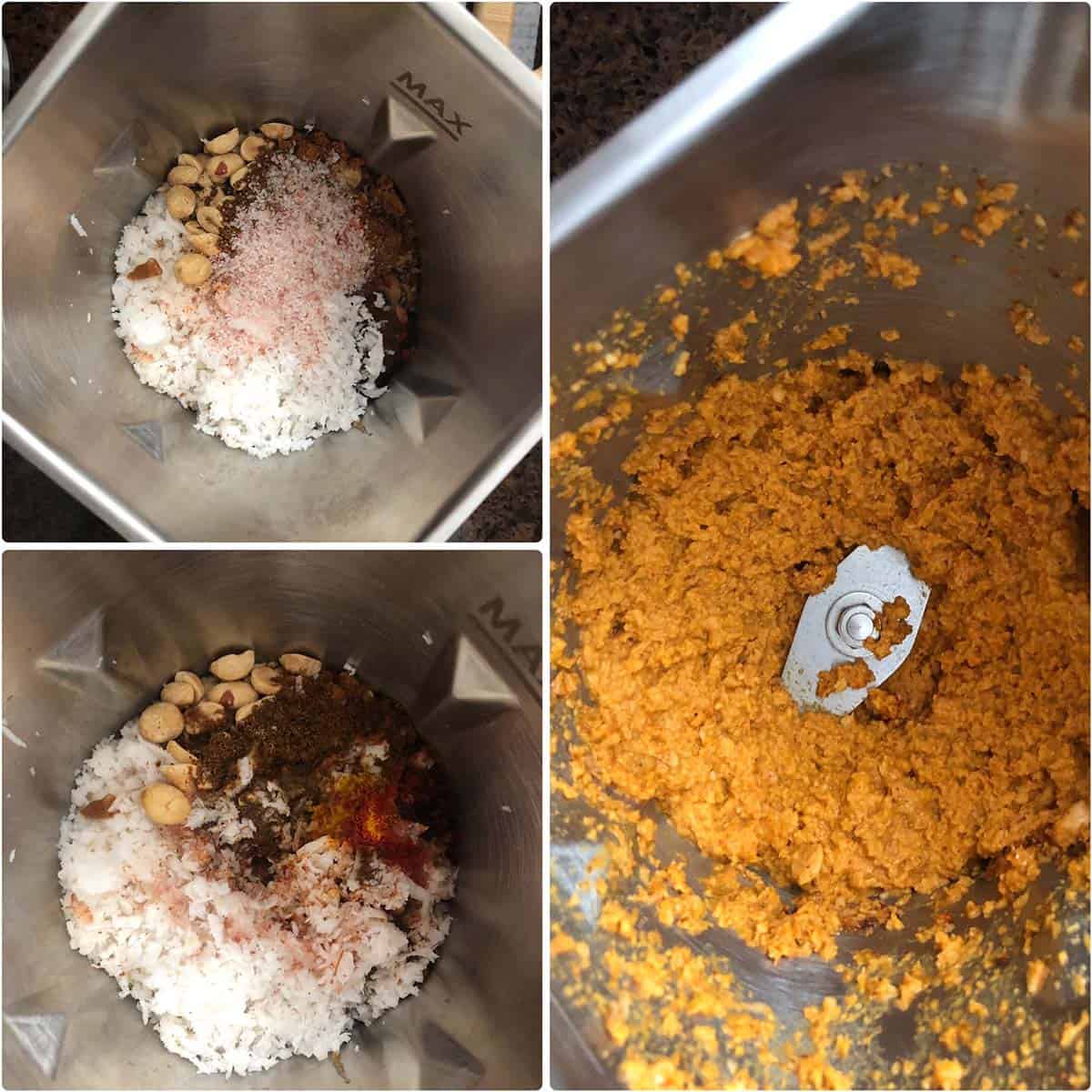 3 panel photo showing the making of masala.