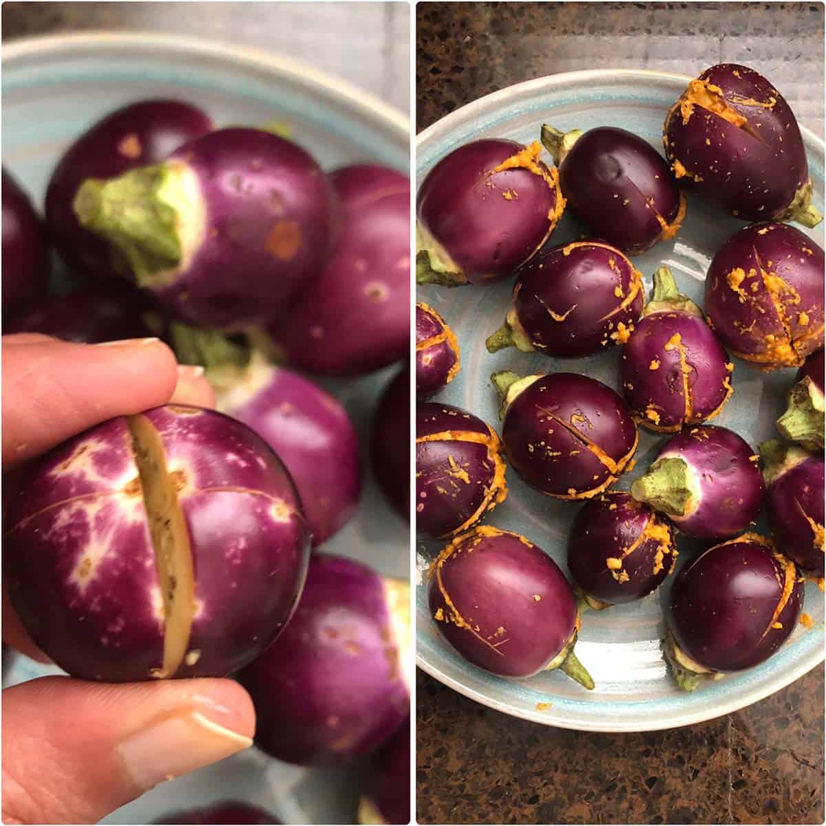 2 panel photo showing the stuffing of baby eggplant with masala.