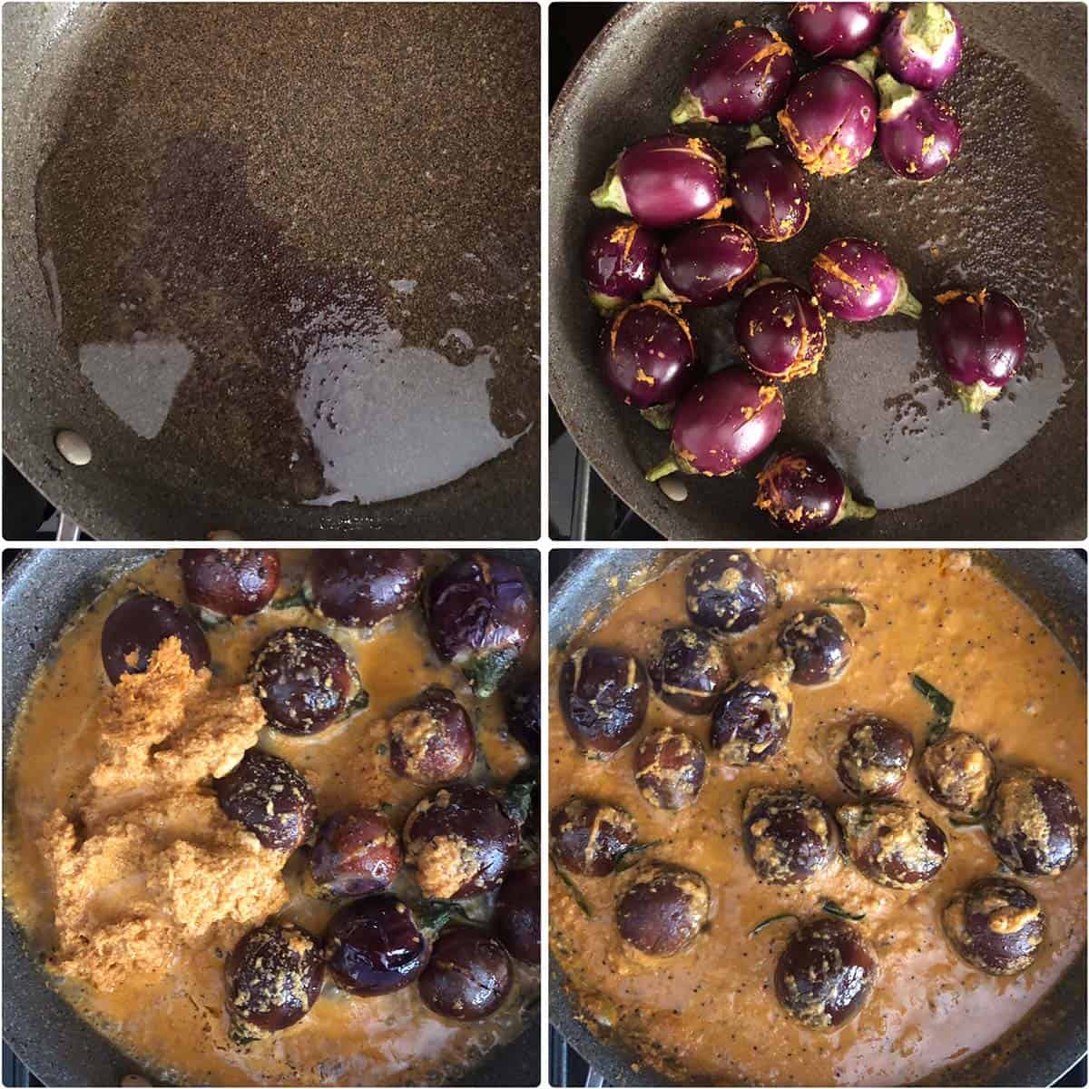4 panel photo showing the cooking of the stuffed eggplants and masala.