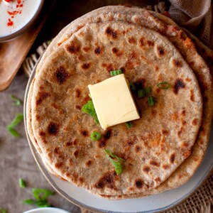 Top view of a stack of kheema paratha