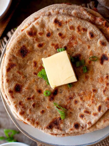 Top view of a stack of kheema paratha